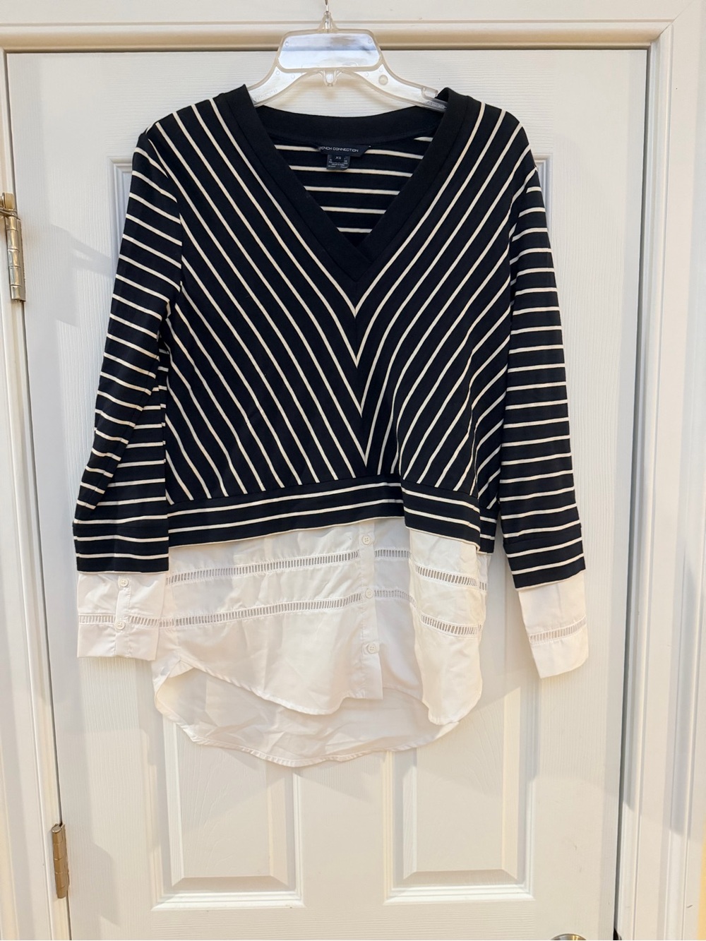 Ladies Size XS "French Connection" Black & White Striped V-Neck Layered Sweater